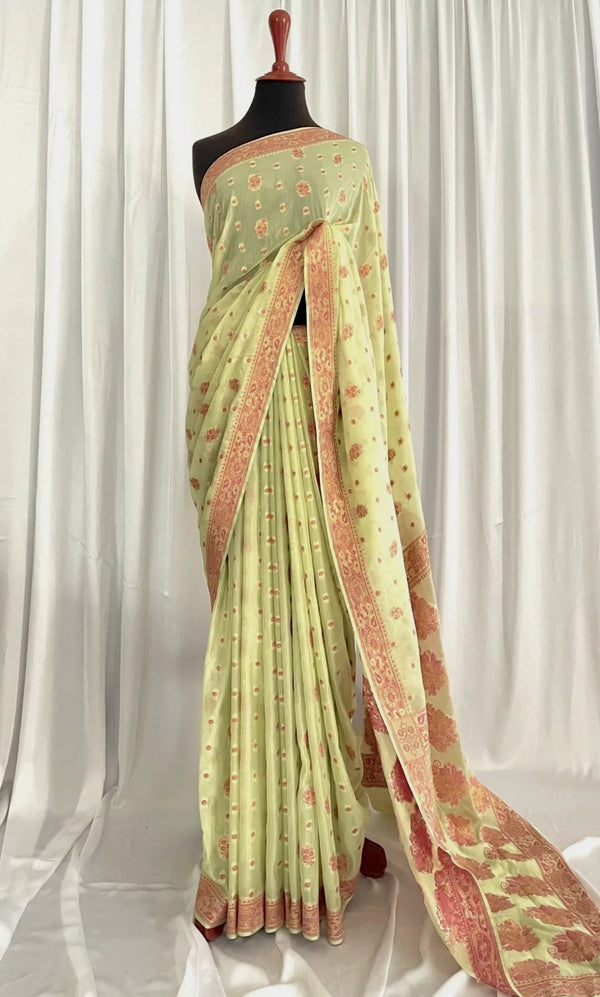 Chiffon Banarsi Jamavar: Mint Rosé