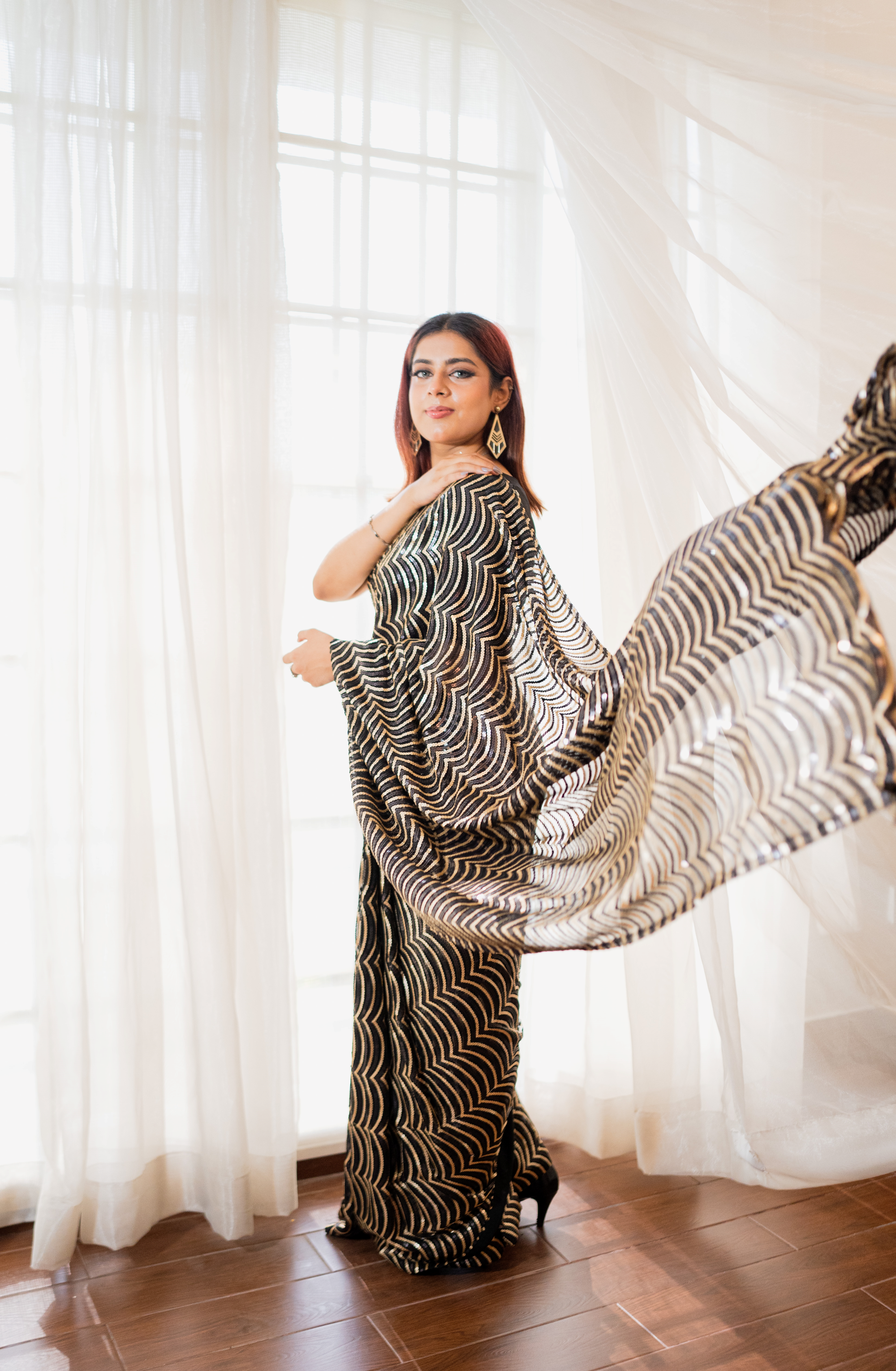 Bollywood Black Sequins Net Saree - Silk Blouse