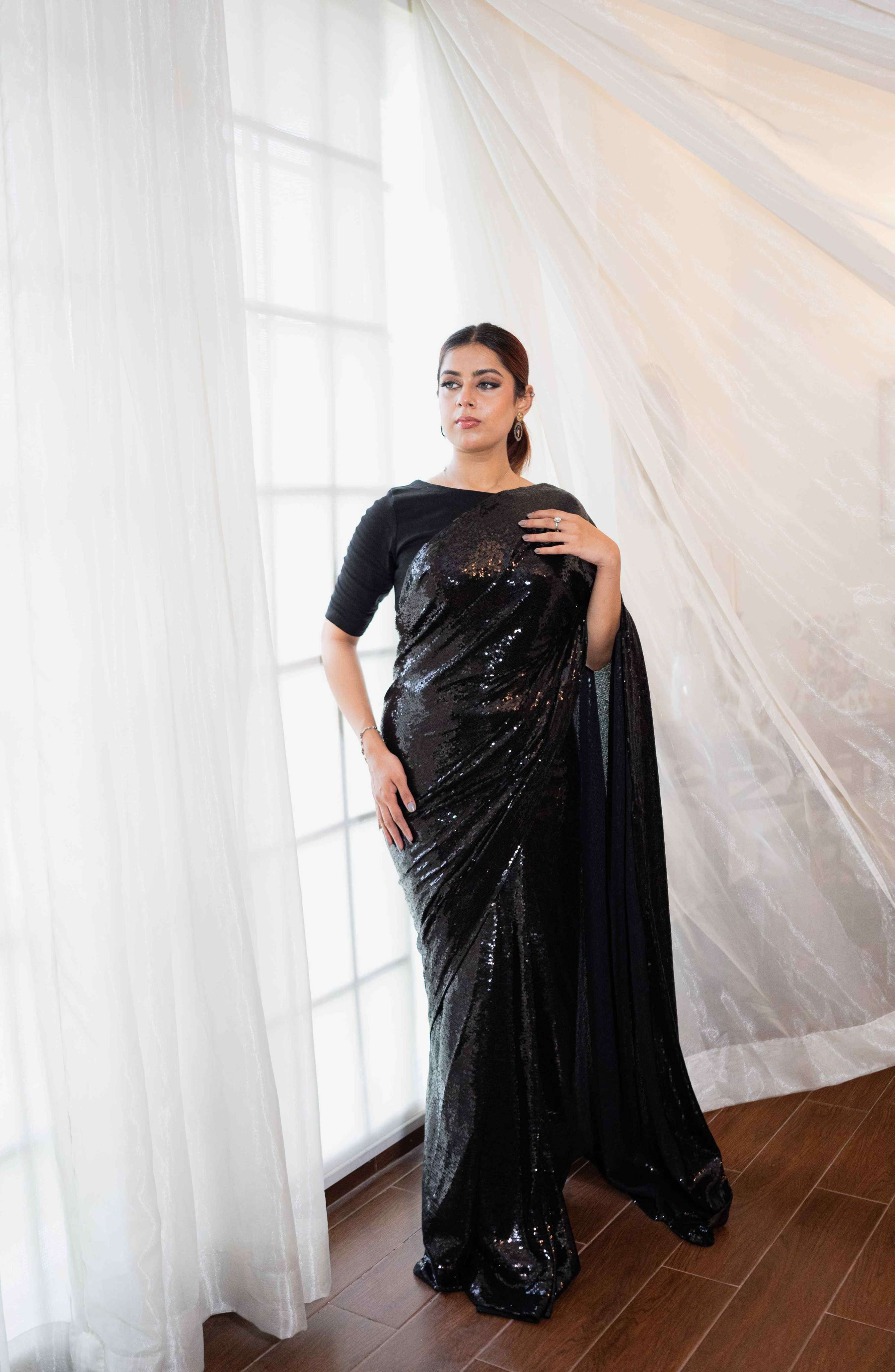 Sequins Net: Black Dior Saree - Silk Blouse