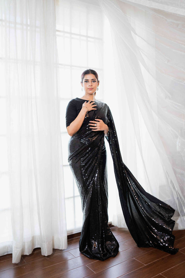 Sequins Net: Black Dior Saree - Silk Blouse