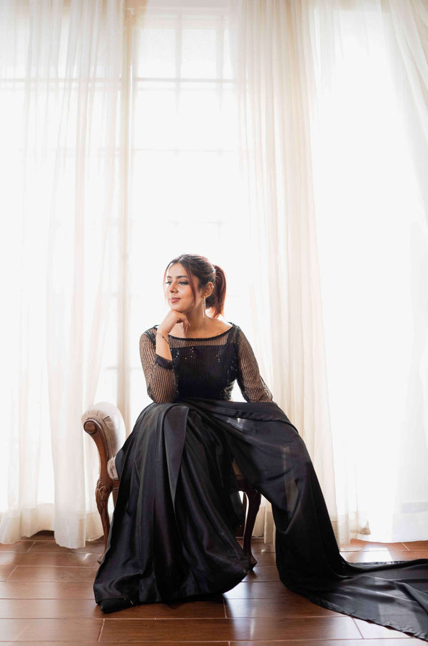 Charmeuse Silk: Black Saree - Full Sleeves Sequins Blouse