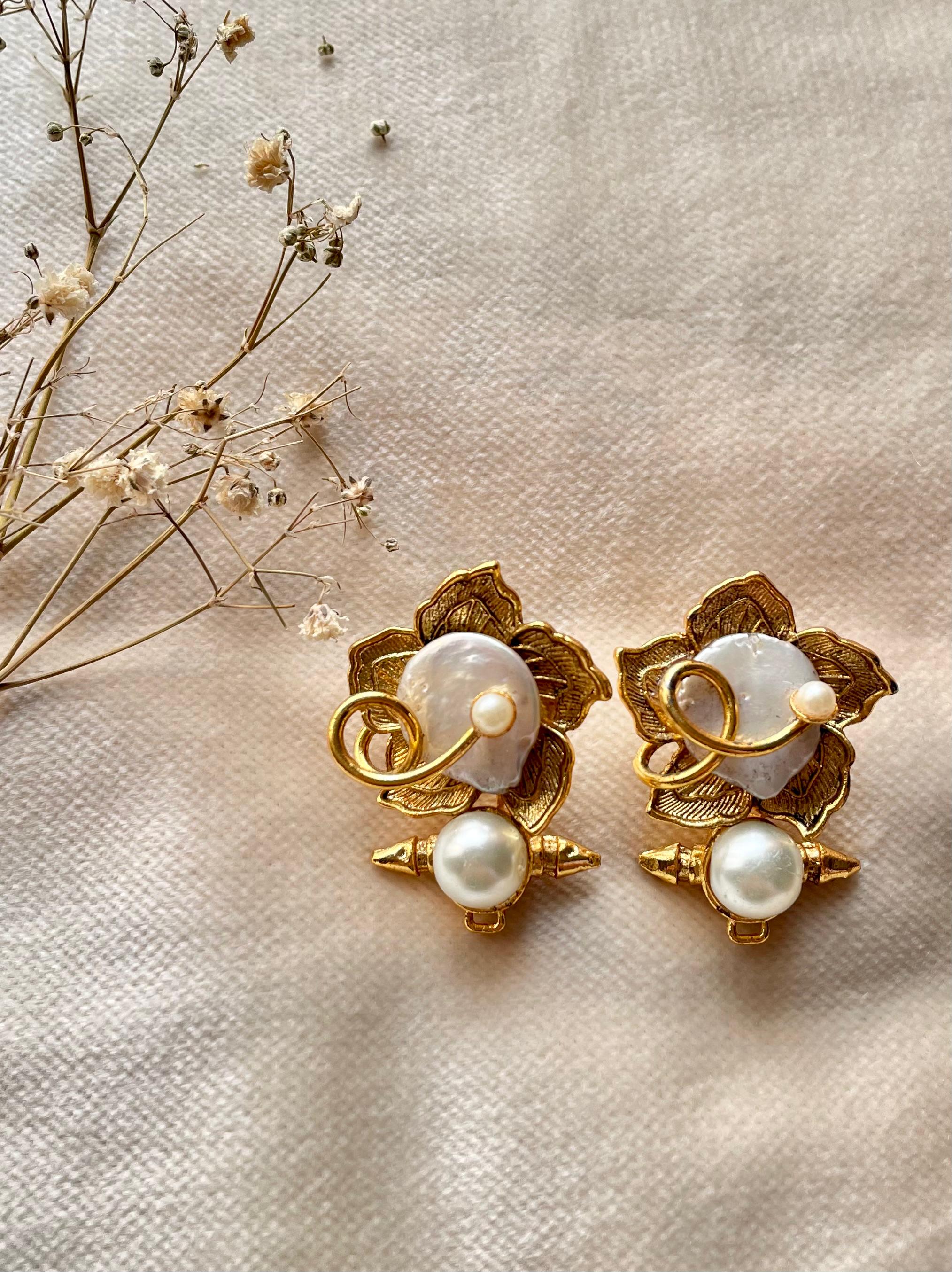 Gold Plated Baroque Pearl Lotus Earrings