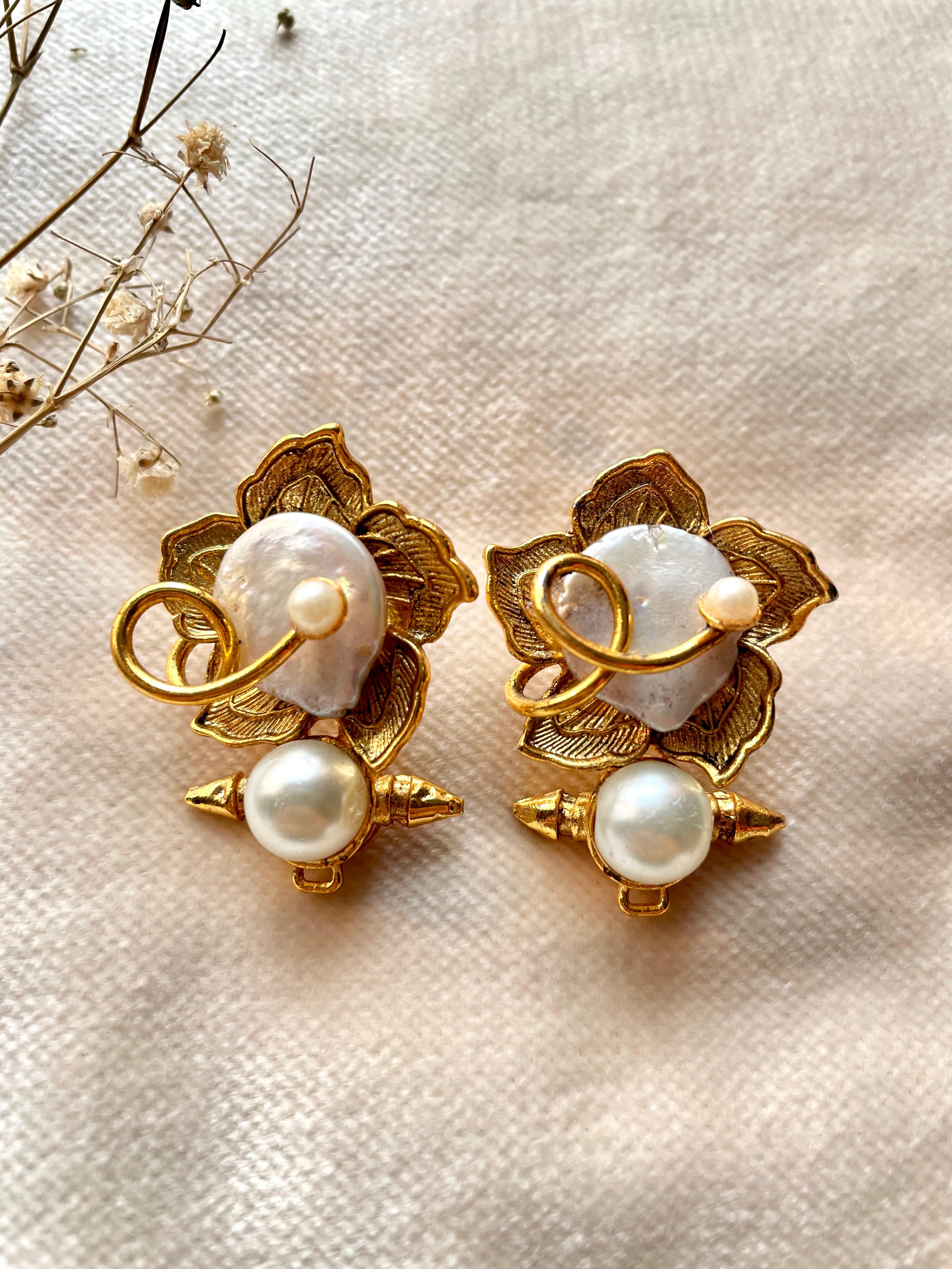 Gold Plated Baroque Pearl Lotus Earrings