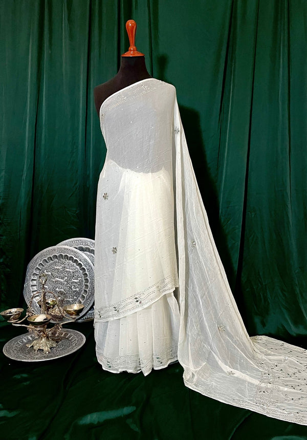Solid Pure Chiffon: Moonstone Pure Kamdani Mukaish