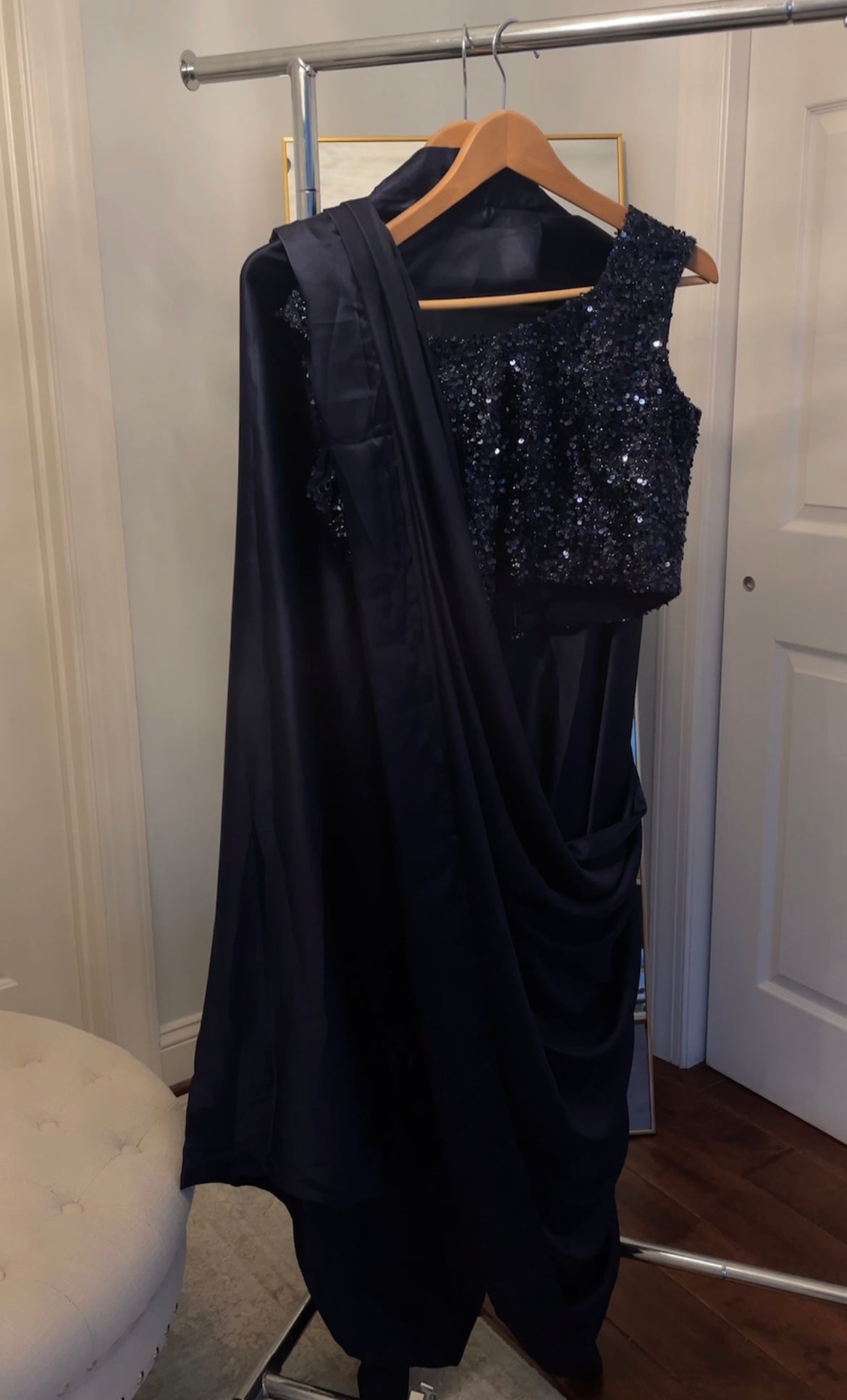 Charmeuse Silk: Navy Blue Saree - Sleeveless Sequins Blouse