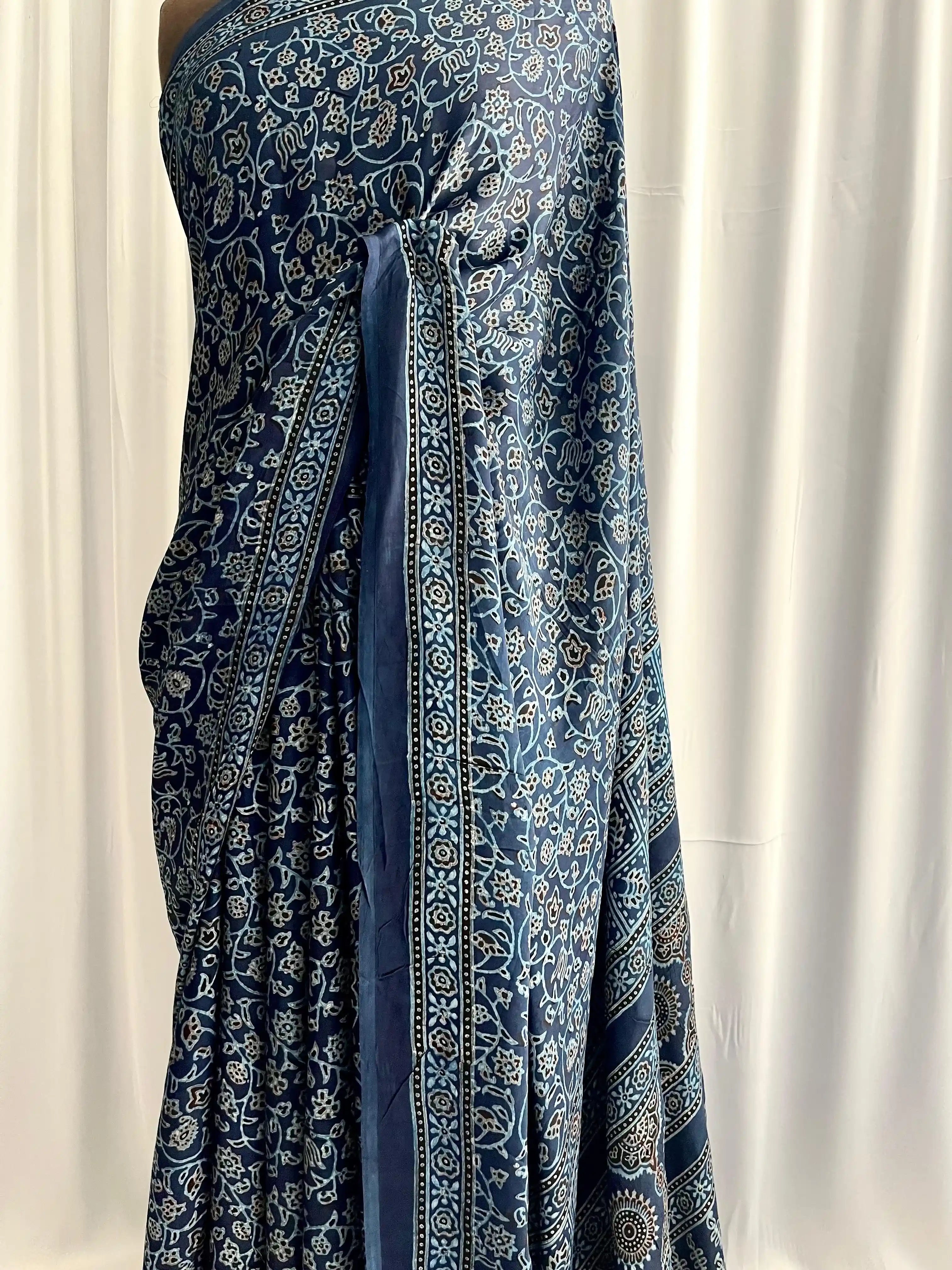Ajrak Hand-Blocked Silk: Lapis Lazuli