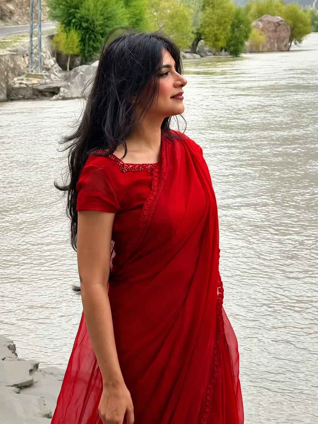 Embroidered Pure Chiffon: Carmine