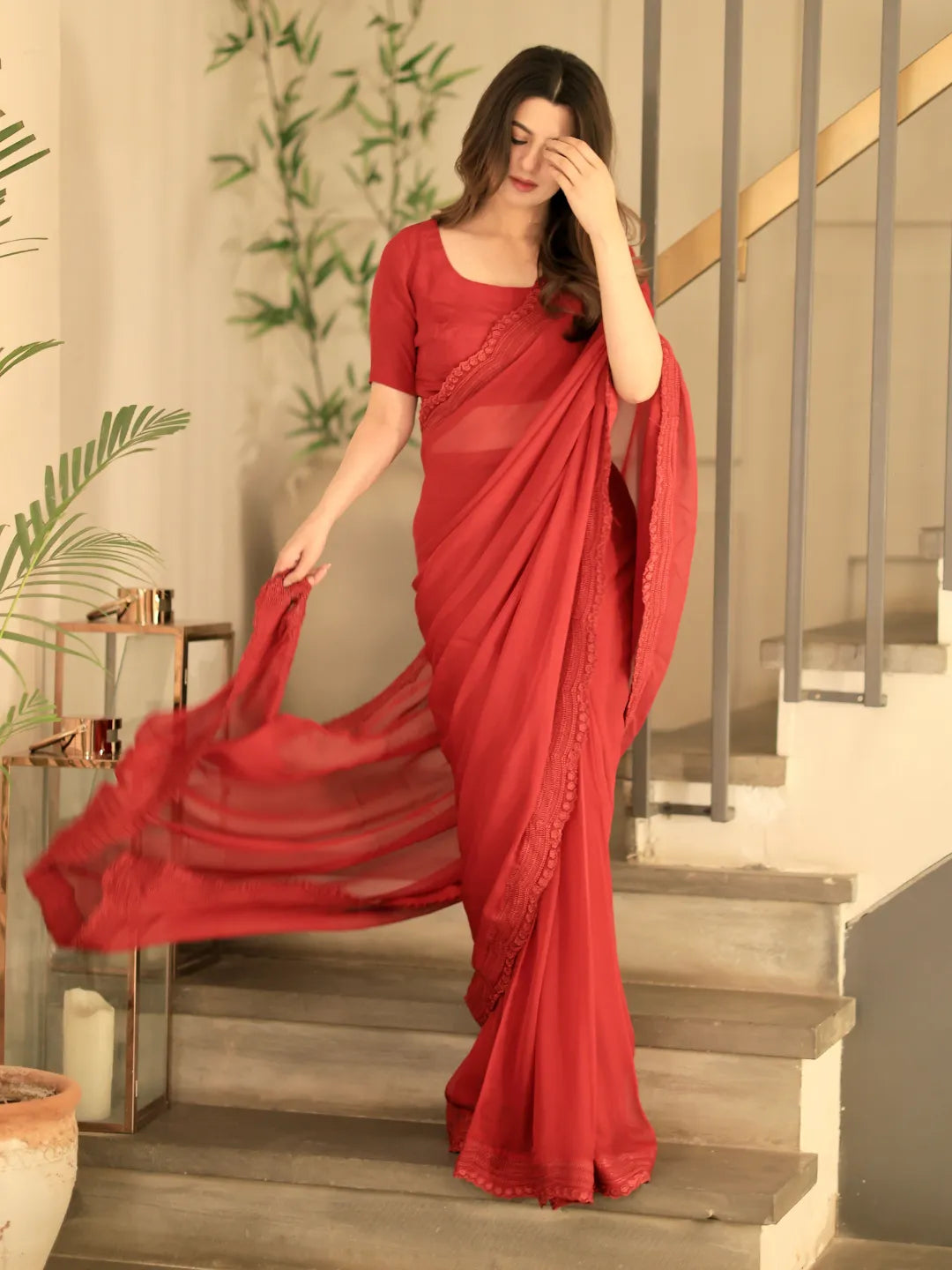 Embroidered Pure Chiffon: Carmine