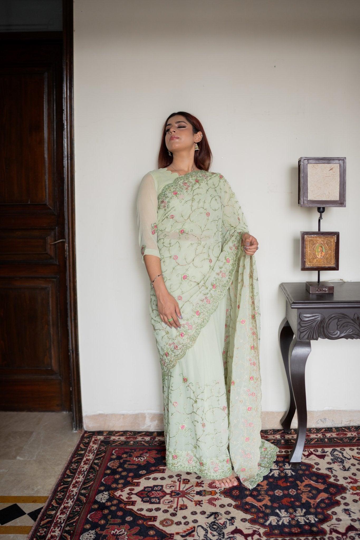 Mint Embroidered Chiffon: Daim