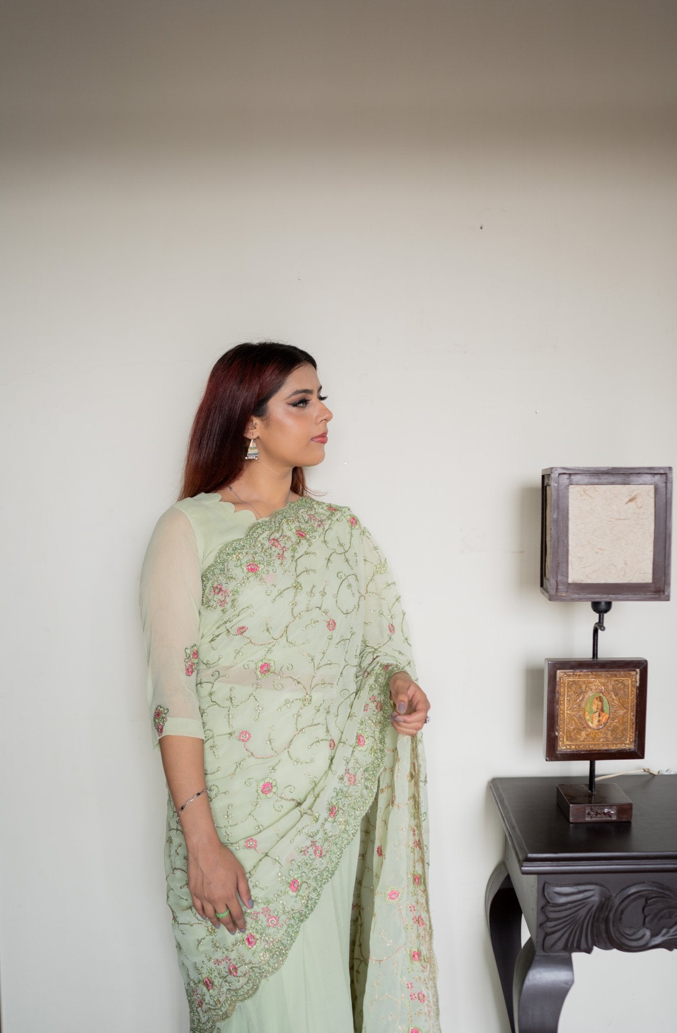 Mint Embroidered Chiffon: Daim