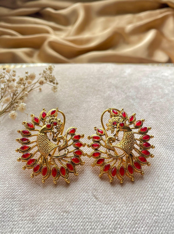 Gold Plated Peacock Ruby Earrings