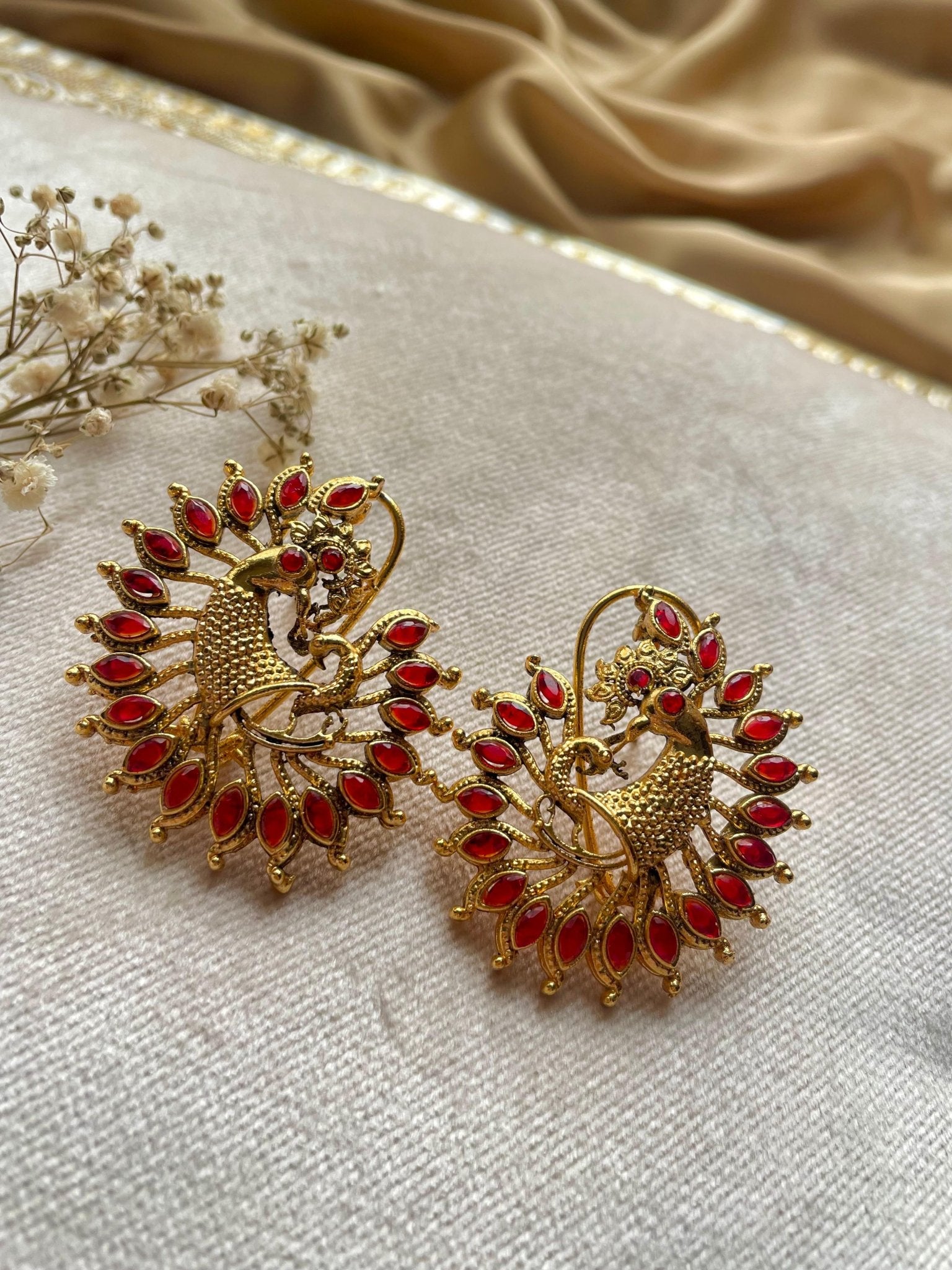 Gold Plated Peacock Ruby Earrings
