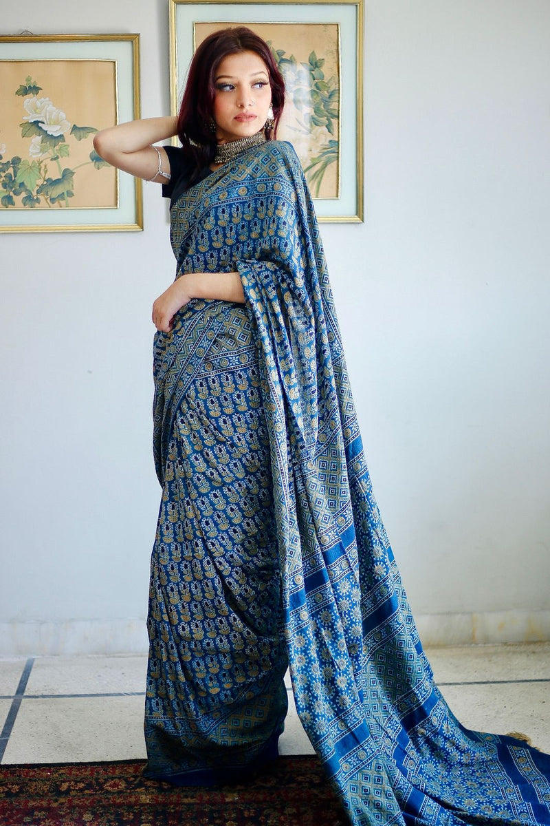 Blue Ajrak Saree- Online Saree in Pakistan – The Saari Girl - Saree Online